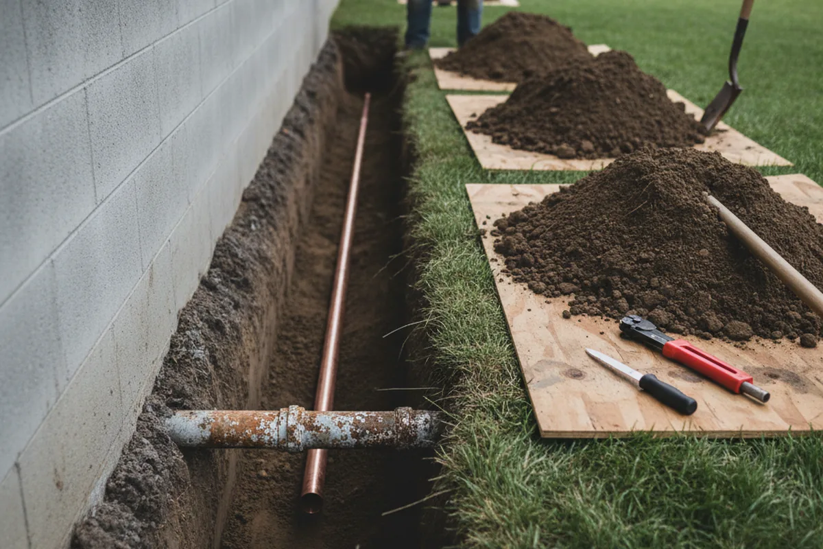 Excavated water line trench during Water Softener Installation in Sunfield